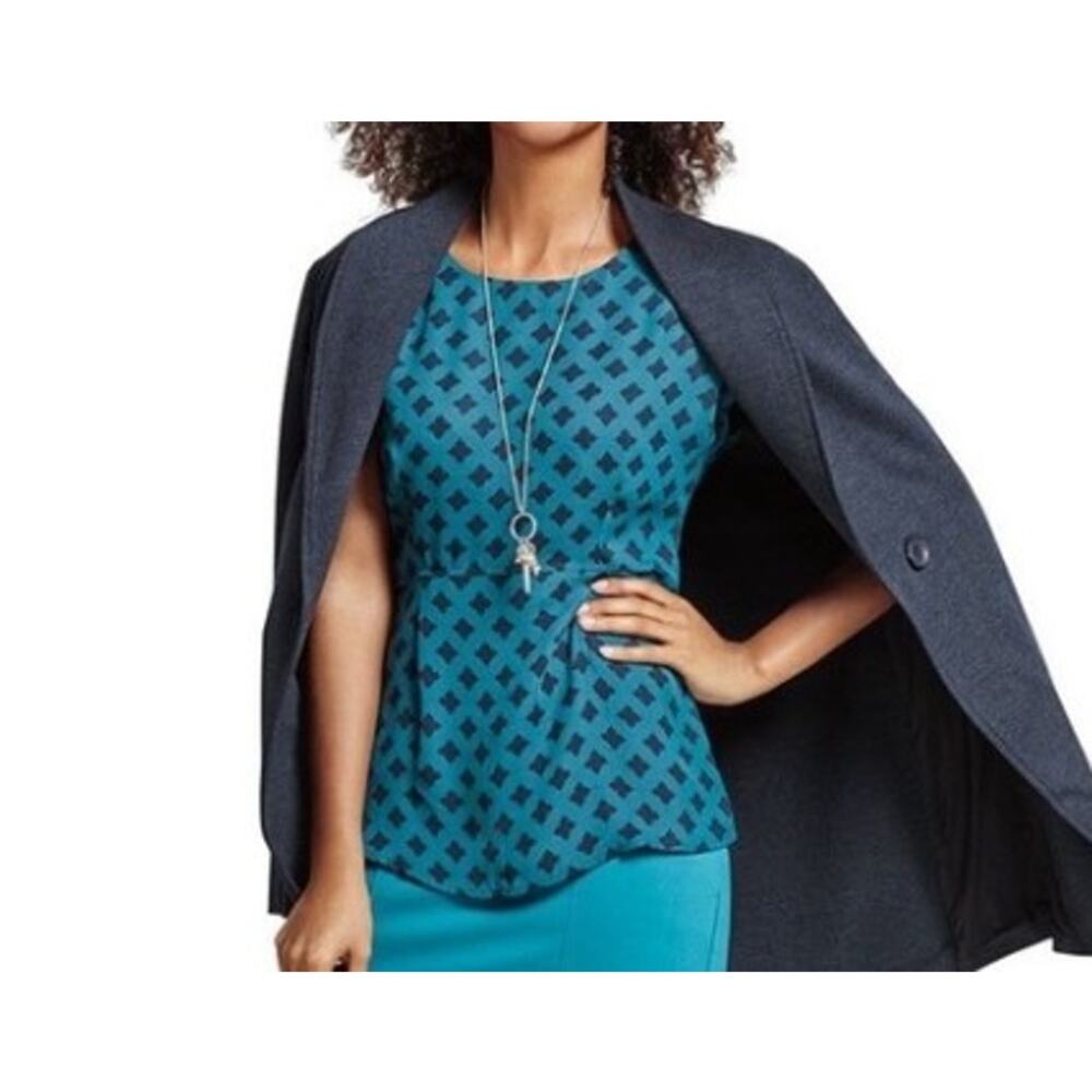 Cabi Foulard Blouse Navy Teal Cap Sleeve Size M #3274